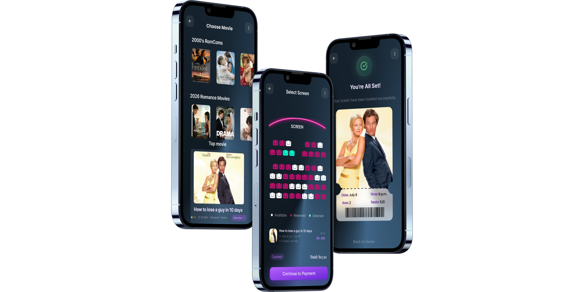 AI Cinema Booking app screens